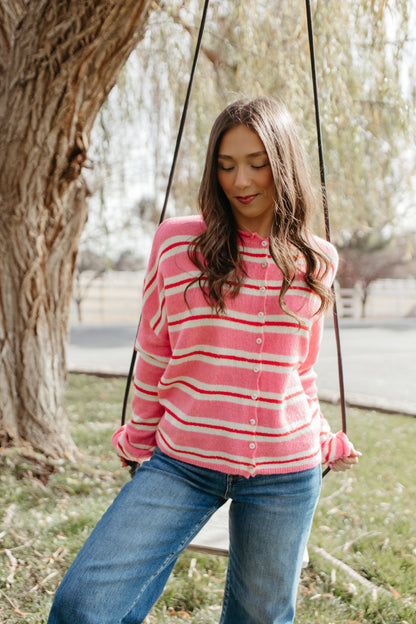 THE CAMPBELL CARDIGAN IN PINK VARSITY STRIPE
