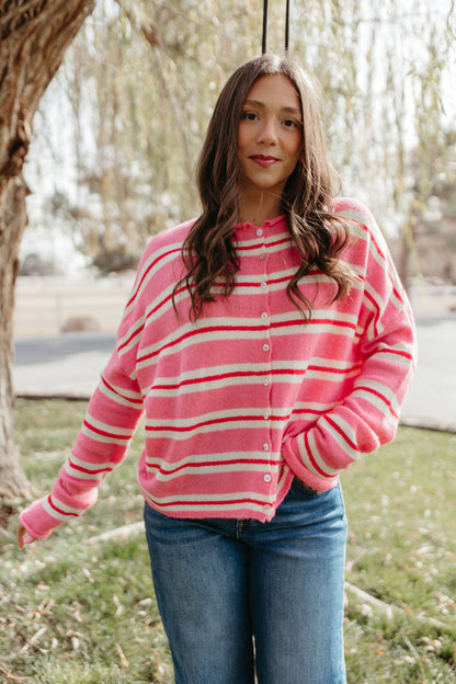 THE CAMPBELL CARDIGAN IN PINK VARSITY STRIPE