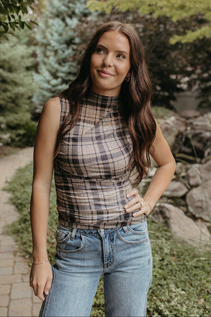THE ELENA PLAID SLEEVELESS MOCK NECK TOP IN BROWN