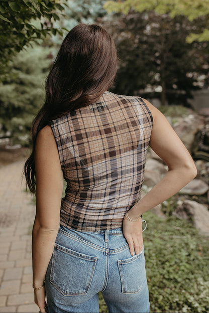 THE ELENA PLAID SLEEVELESS MOCK NECK TOP IN BROWN
