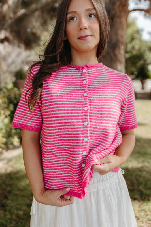 THE MCKAYLA SHORT SLEEVE STRIPED CARDIGAN IN HOT PINK