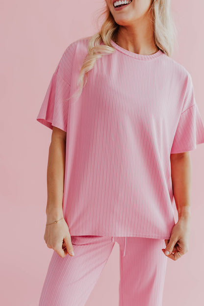THE RYLIE RIBBED WIDE LEG SET IN BUBBLEGUM PINK BY PINK DESERT