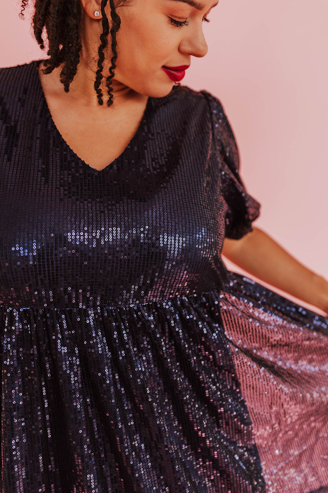 ALL THAT SHIMMERS SEQUIN DRESS IN NAVY BY PINK DESERT