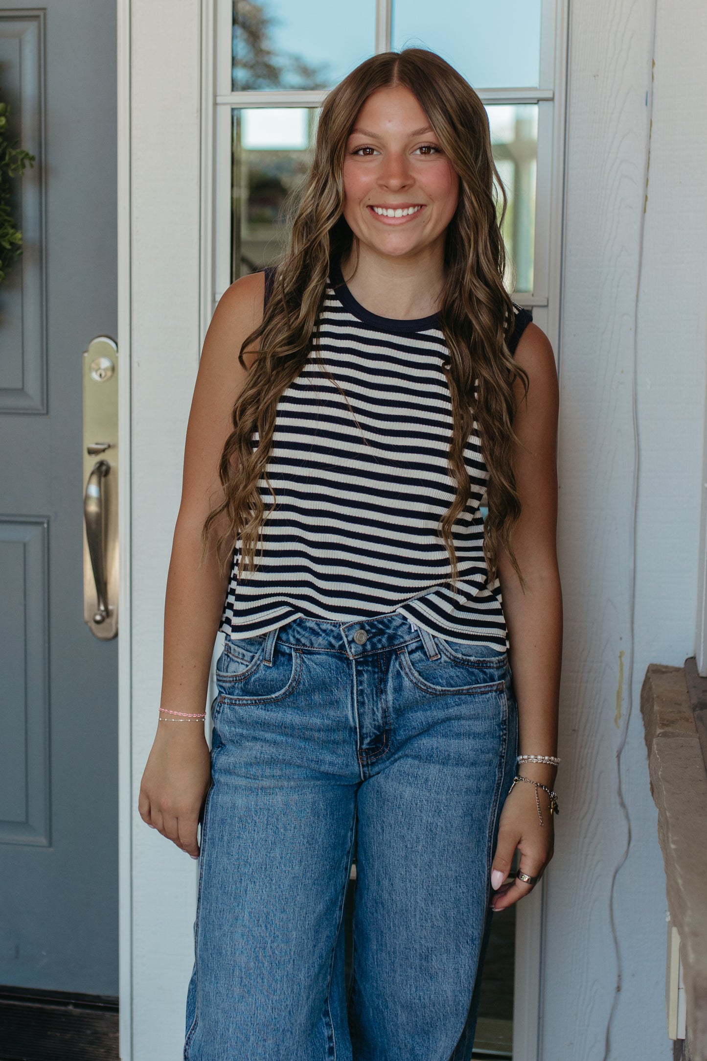 THE TUESDAY STRIPED RIBBED TANK TOP IN NAVY