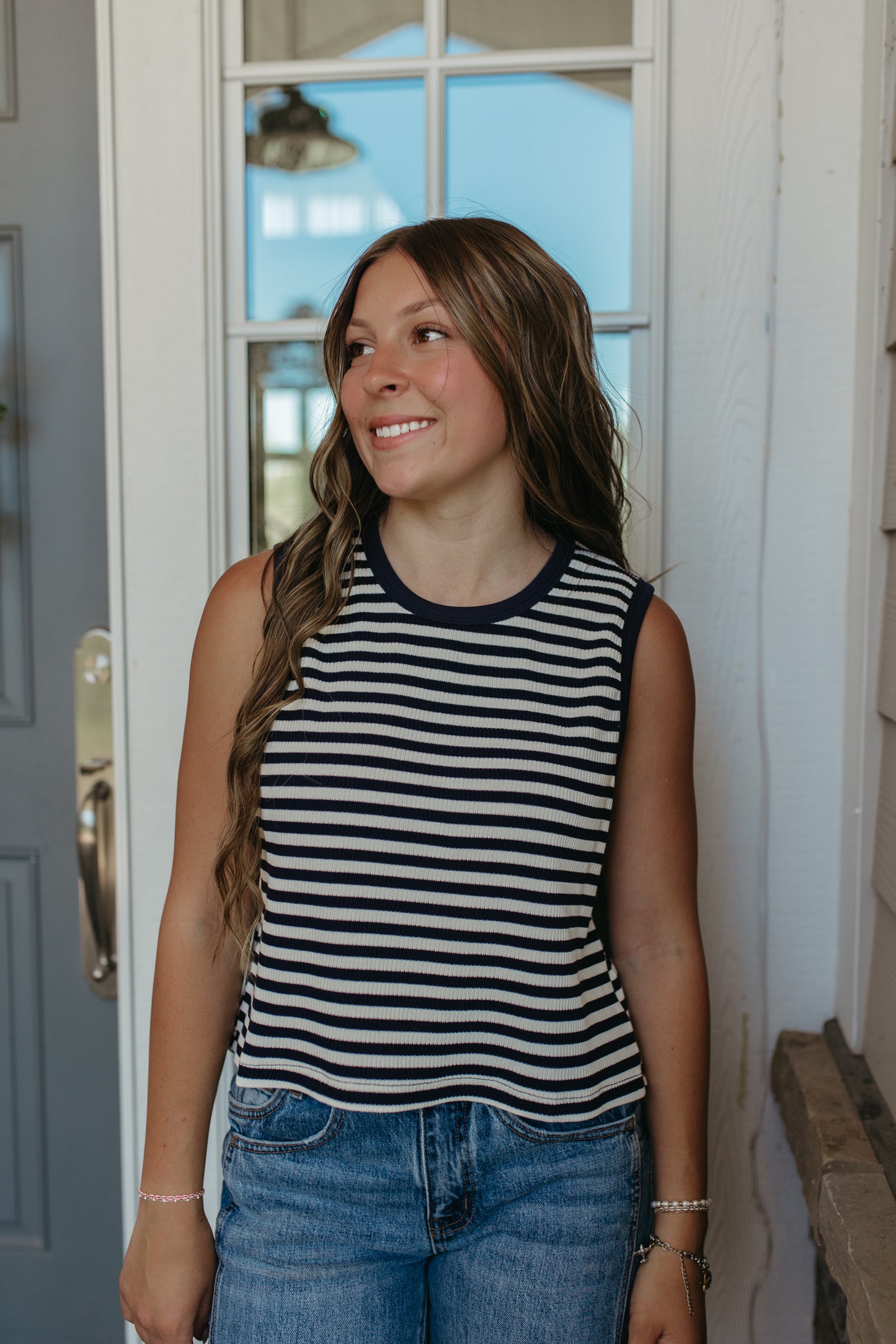THE TUESDAY STRIPED RIBBED TANK TOP IN NAVY