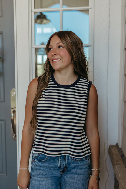 THE TUESDAY STRIPED RIBBED TANK TOP IN NAVY