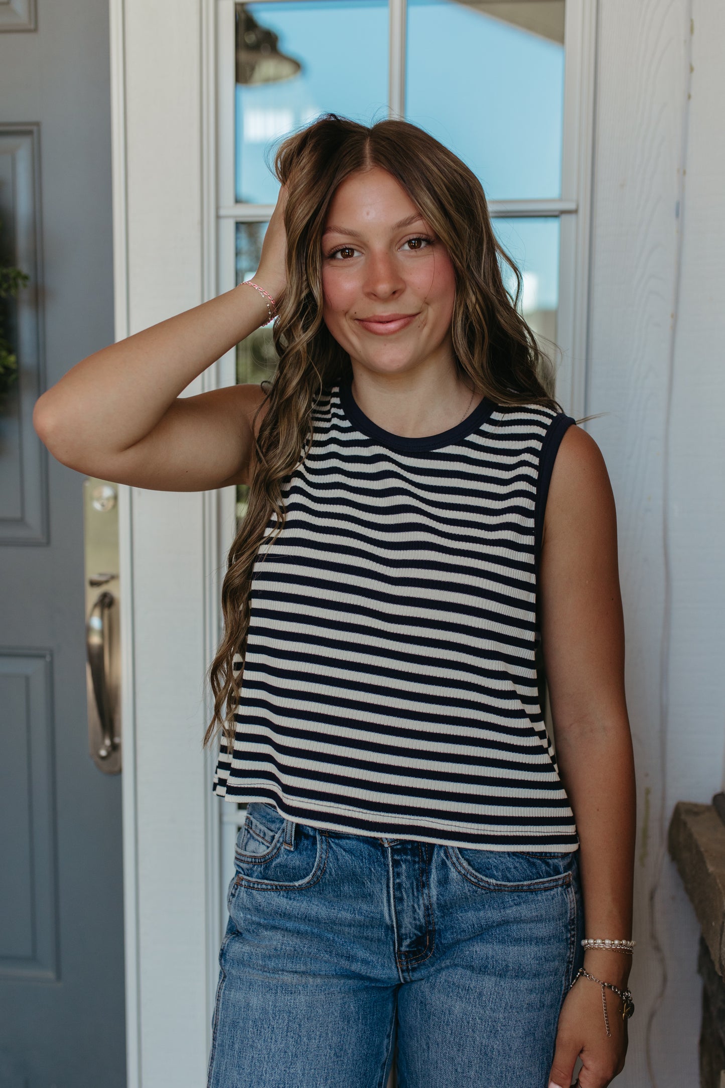 THE TUESDAY STRIPED RIBBED TANK TOP IN NAVY
