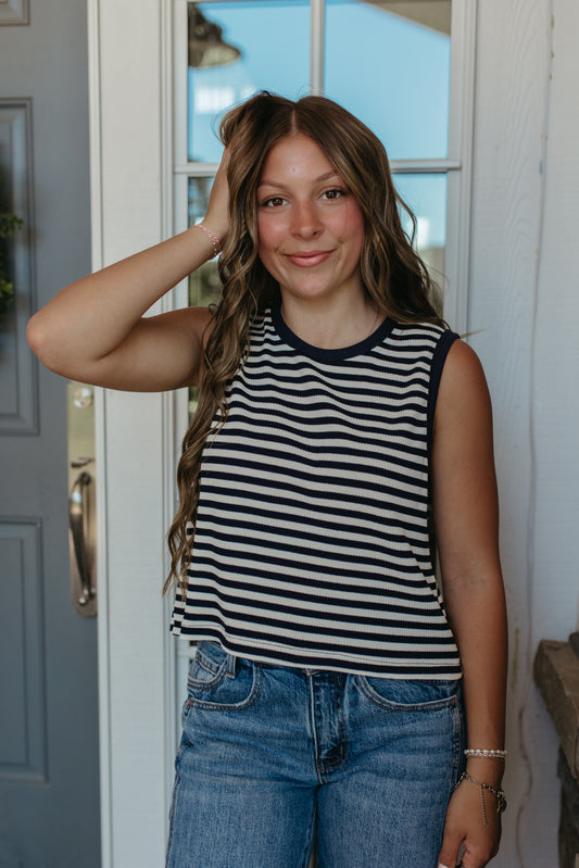 THE TUESDAY STRIPED RIBBED TANK TOP IN NAVY