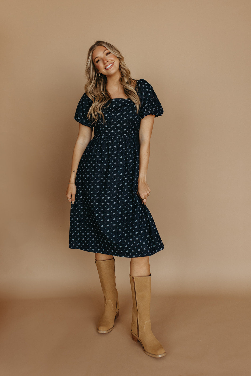THE MAKENZIE FLORAL JACQUARD DENIM DRESS IN BLUE