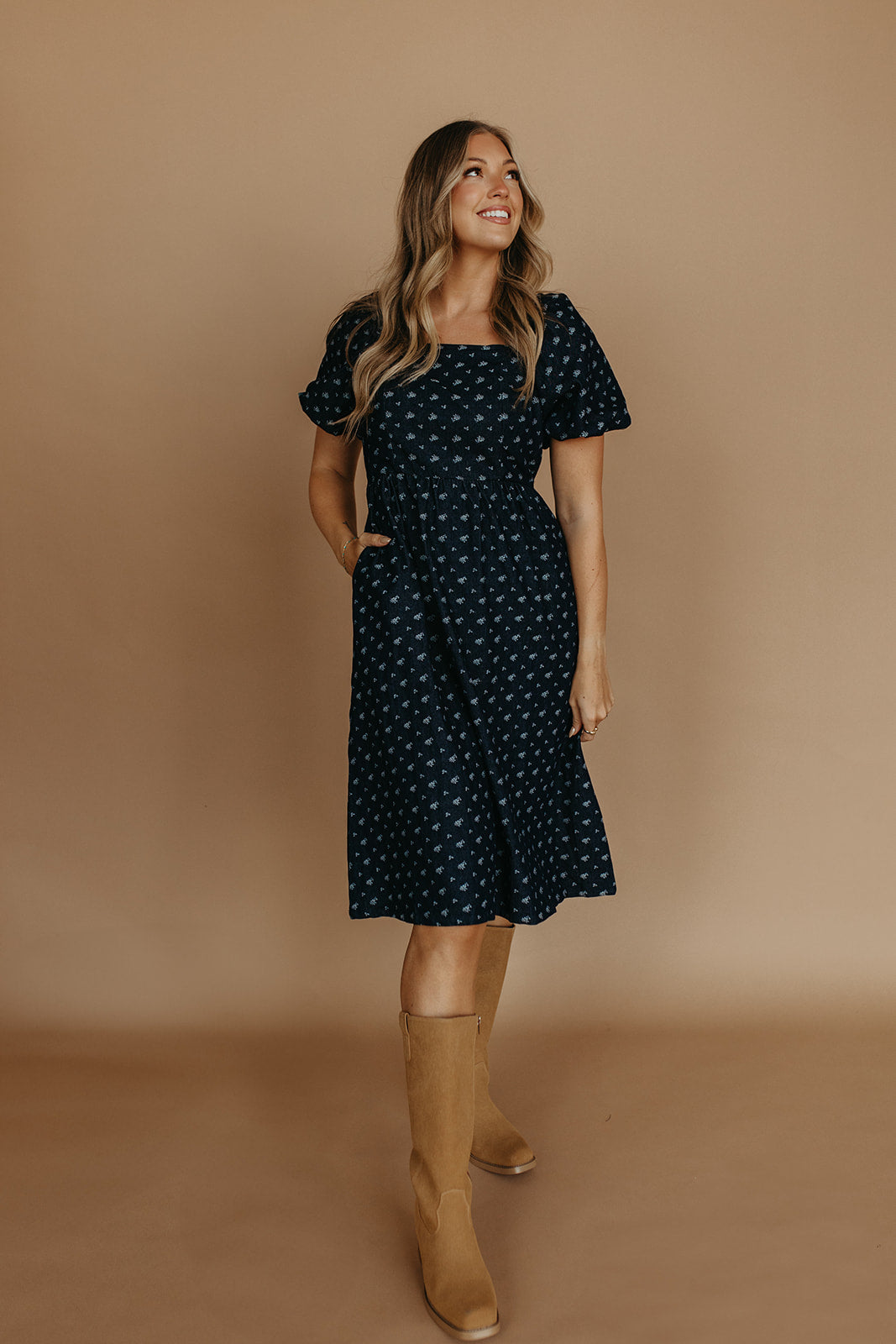 THE MAKENZIE FLORAL JACQUARD DENIM DRESS IN BLUE
