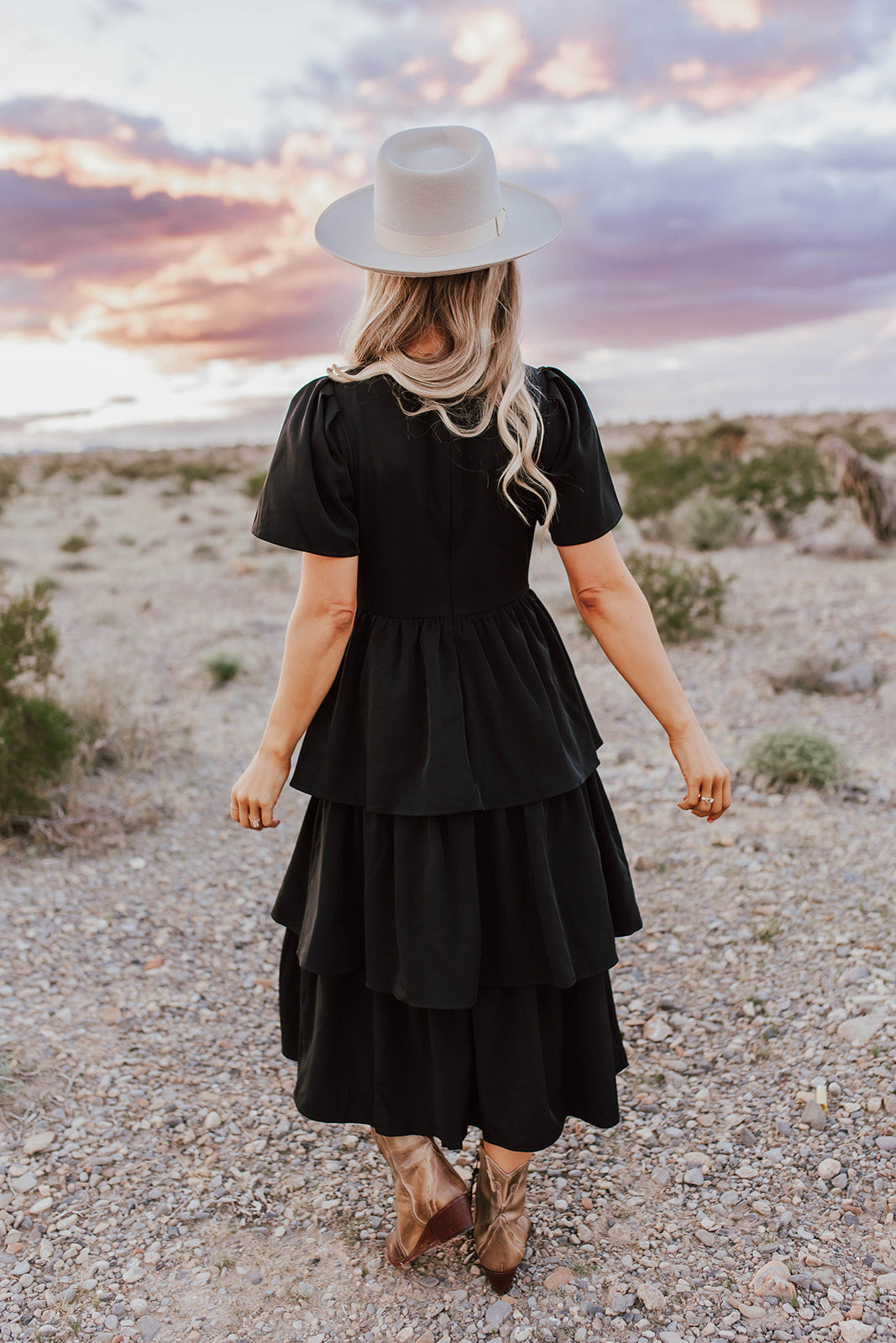 THE SWEET NOTHING TIERED MIDI DRESS IN BLACK