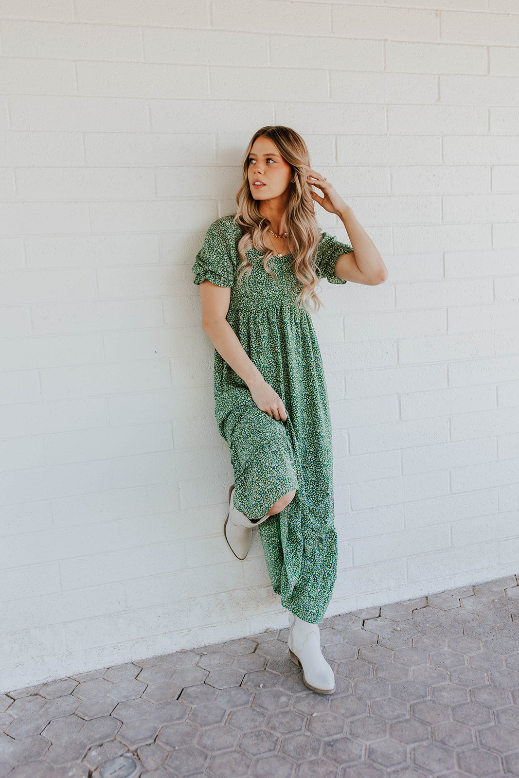 THE EMMALINE DRESS IN PINE GREEN FLORAL BY PINK DESERT