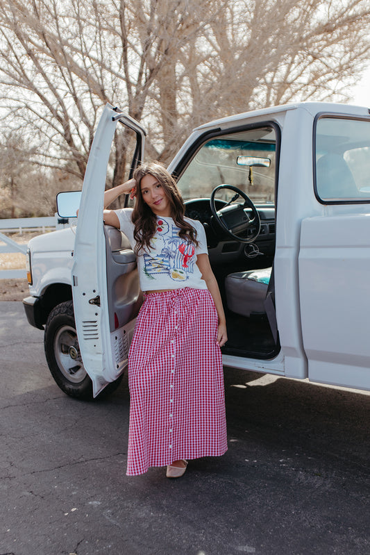 THE PHOEBE GINGHAM MAXI SKIRT IN ROSE
