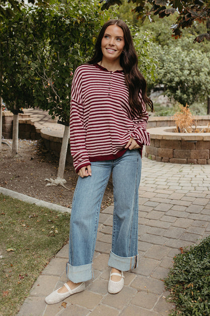 The Anais Stripe Long Sleeve Henley Sweater in Burgundy in Striped, photo 2 of 6