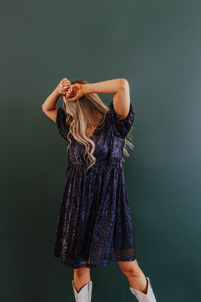 ALL THAT SHIMMERS SEQUIN DRESS IN NAVY BY PINK DESERT