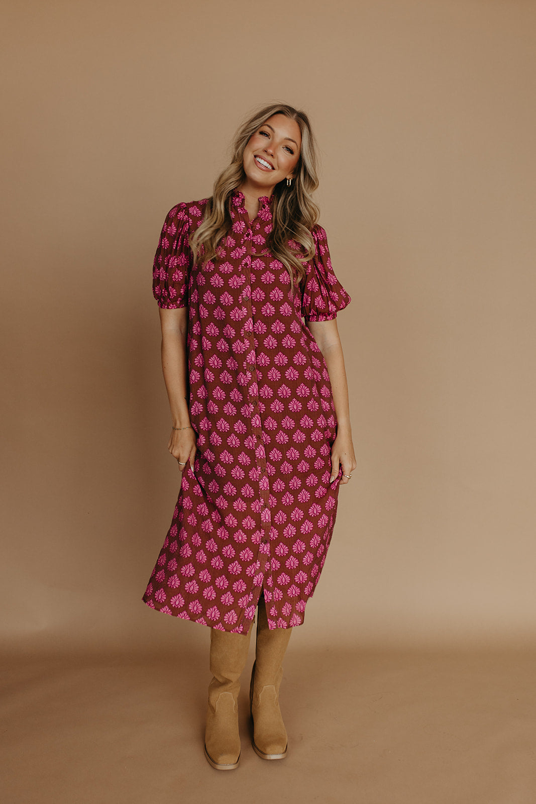 THE OLIVIA MIDI DRESS IN BROWN