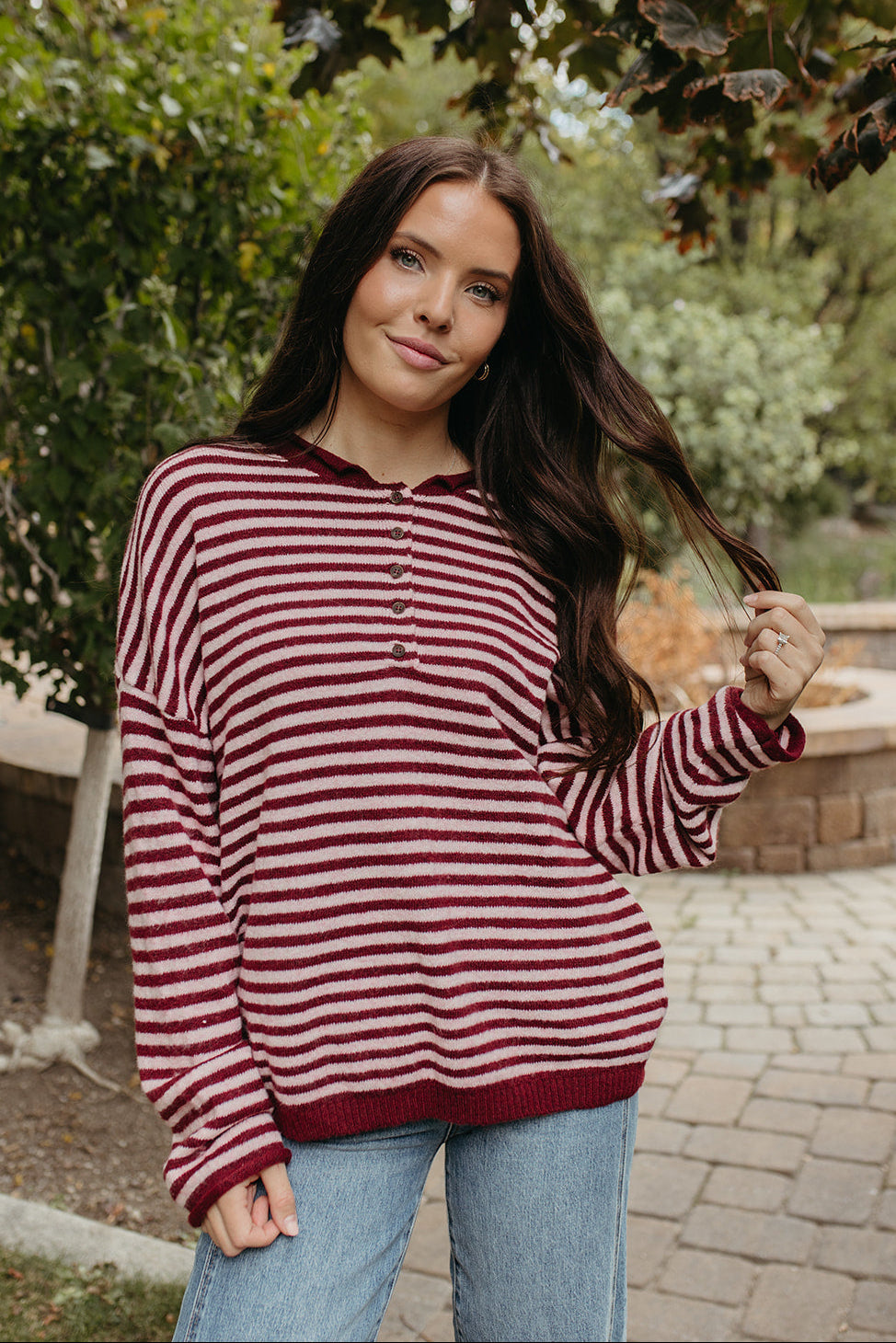 The Anais Stripe Long Sleeve Henley Sweater in Burgundy in Striped, photo 3 of 6