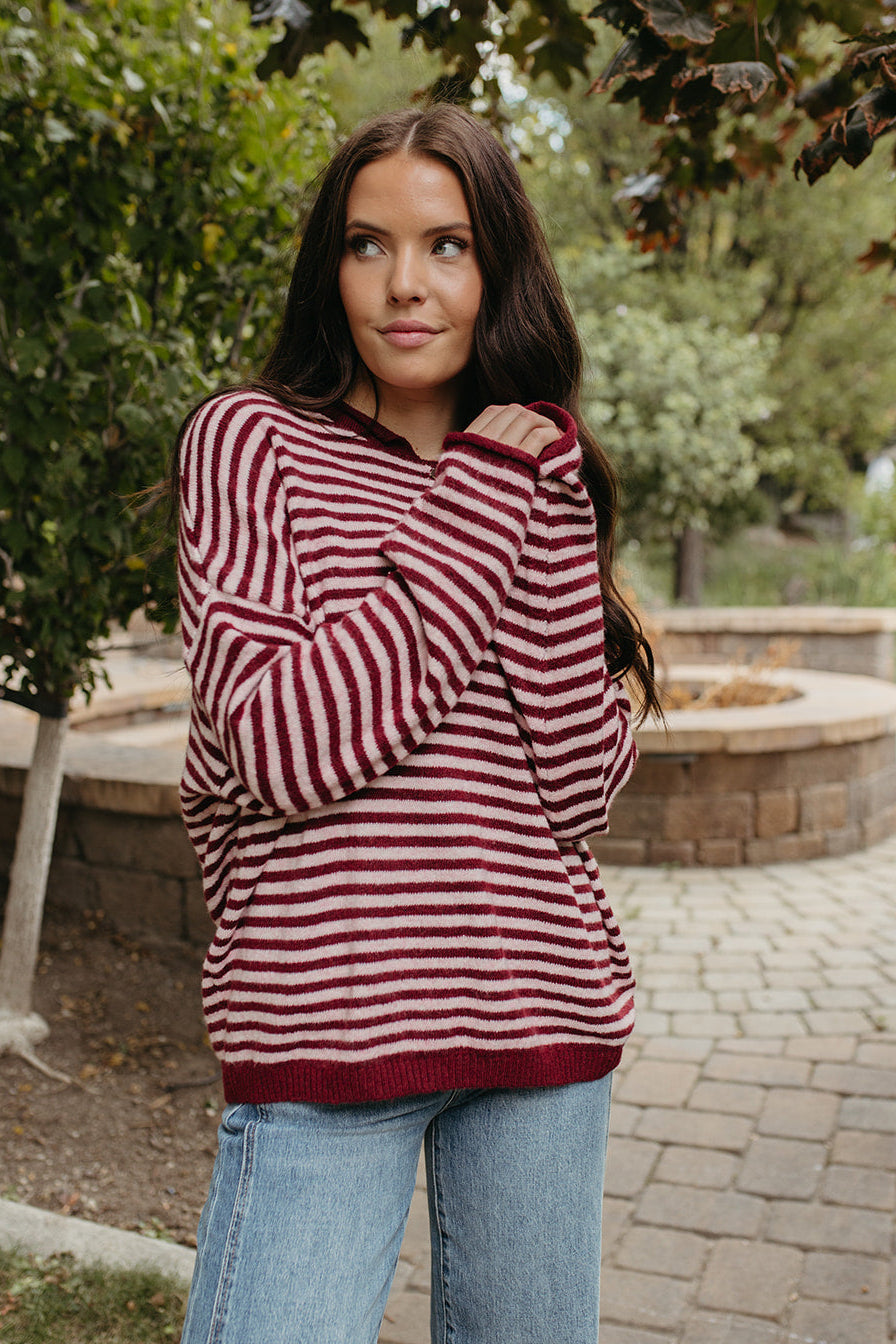The Anais Stripe Long Sleeve Henley Sweater in Burgundy in Striped, photo 4 of 6