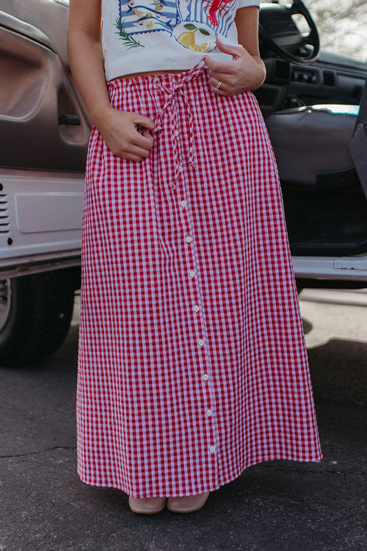 THE PHOEBE GINGHAM MAXI SKIRT IN ROSE