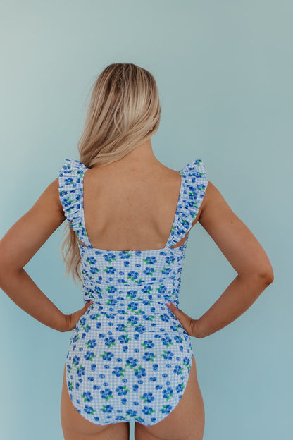 FLUTTER SLEEVE ONE PIECE IN BLUEBERRY GINGHAM BY PINK DESERT