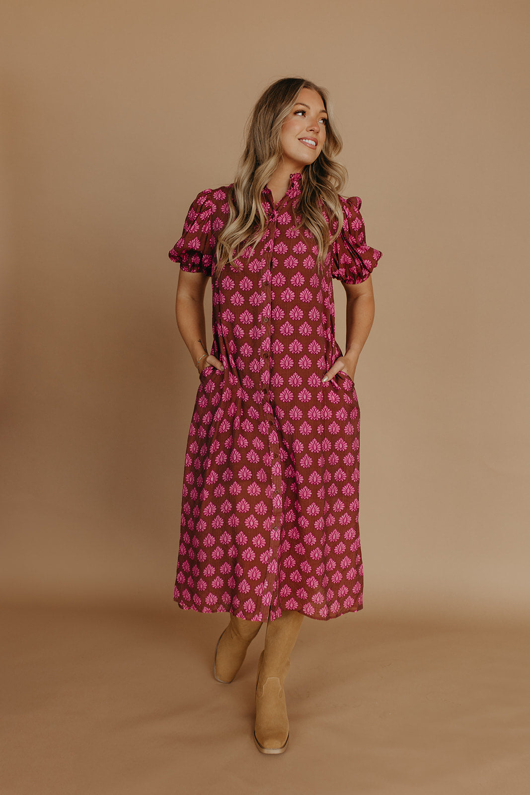 THE OLIVIA MIDI DRESS IN BROWN