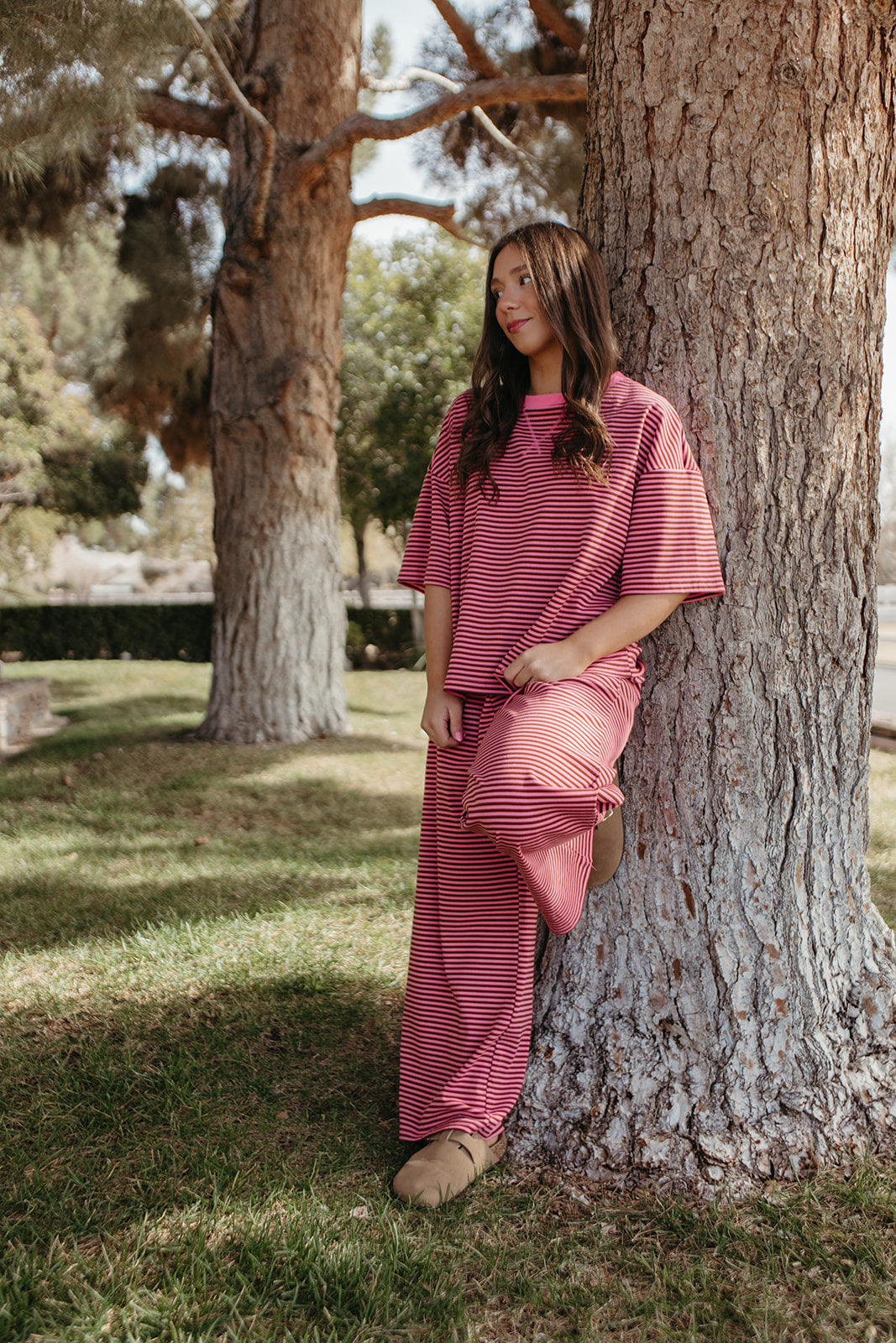 THE CHARITY STRIPED SET IN PINK AND BROWN