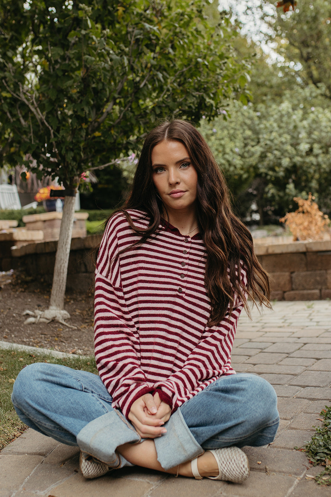 The Anais Stripe Long Sleeve Henley Sweater in Burgundy in Striped, photo 5 of 6