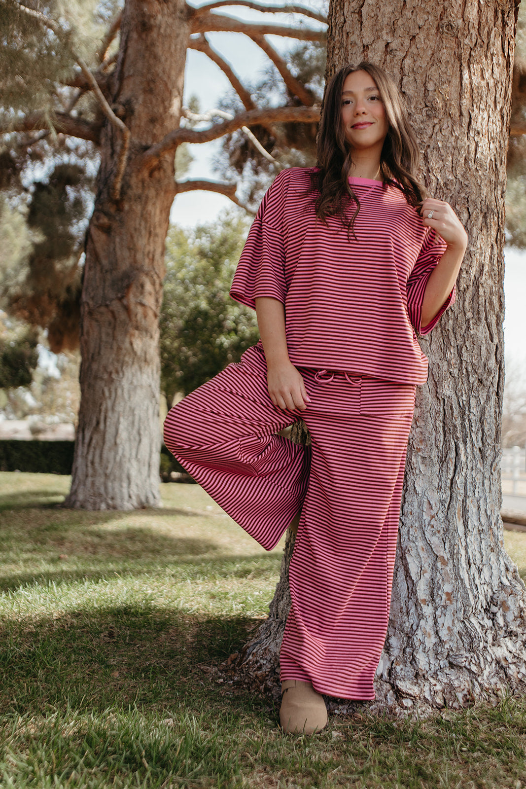 THE CHARITY STRIPED SET IN PINK AND BROWN