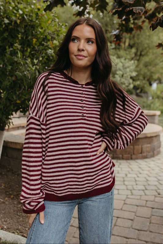 The Anais Stripe Long Sleeve Henley Sweater in Burgundy in Striped, photo 1 of 6
