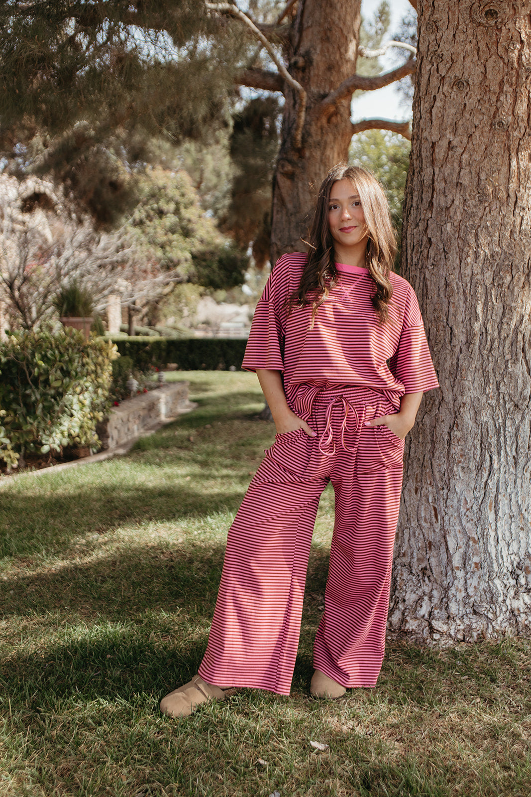 THE CHARITY STRIPED SET IN PINK AND BROWN