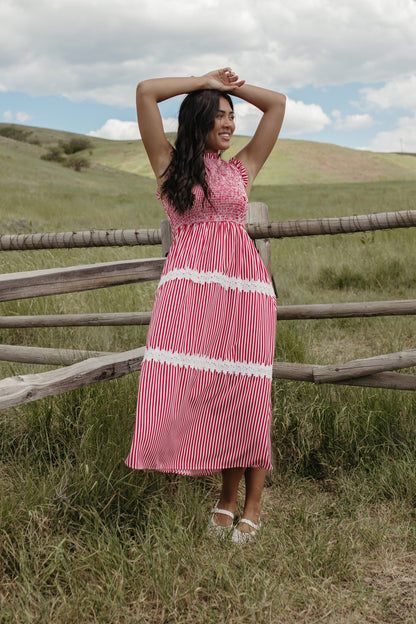 THE HARLOW STRIPED SMOCKED DRESS IN RED
