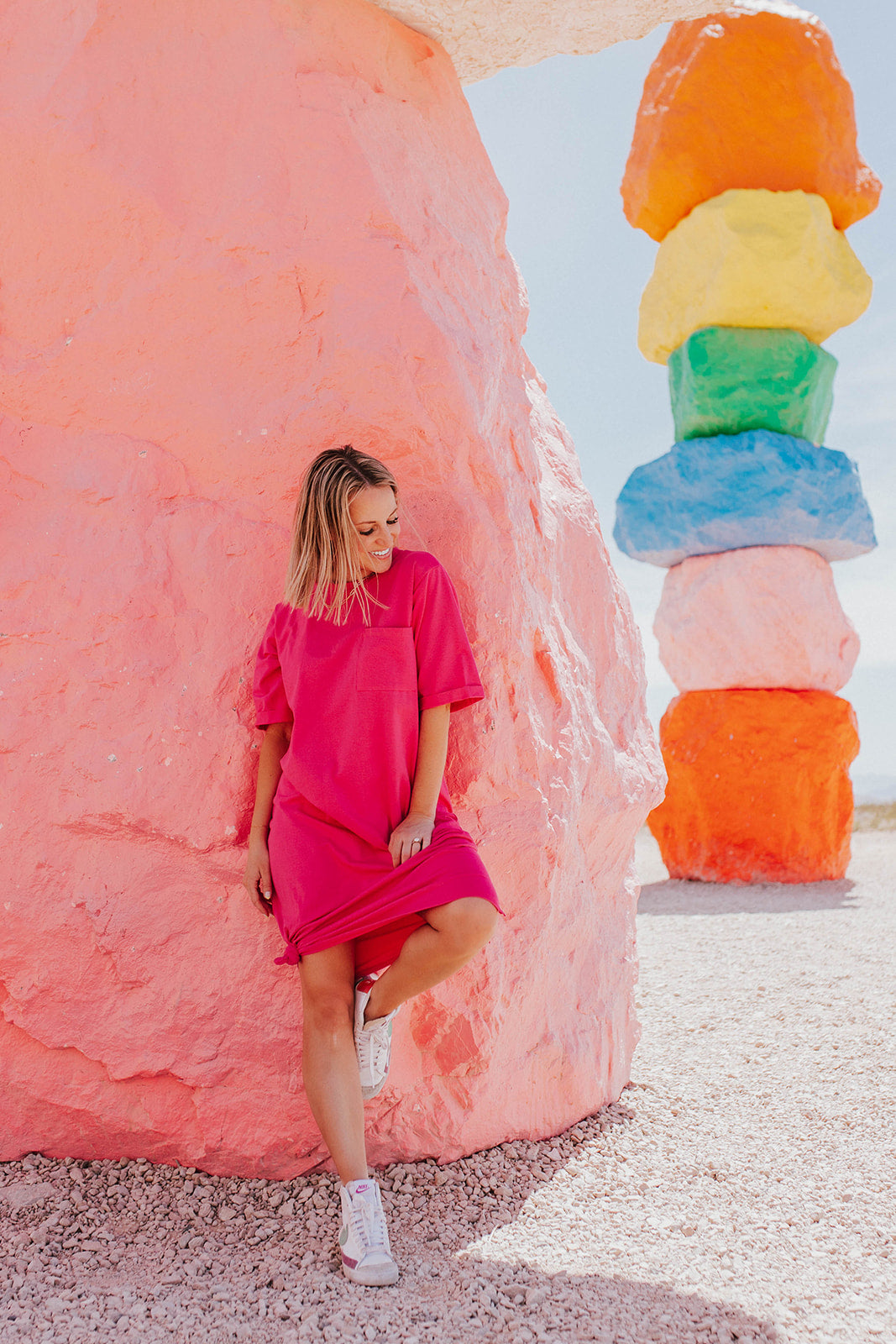 THE EASY DOES IT T-SHIRT DRESS BY PINK DESERT IN FUCHSIA