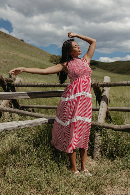 THE HARLOW STRIPED SMOCKED DRESS IN RED