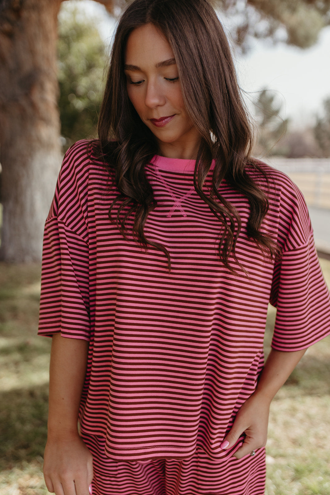 THE CHARITY STRIPED SET IN PINK AND BROWN