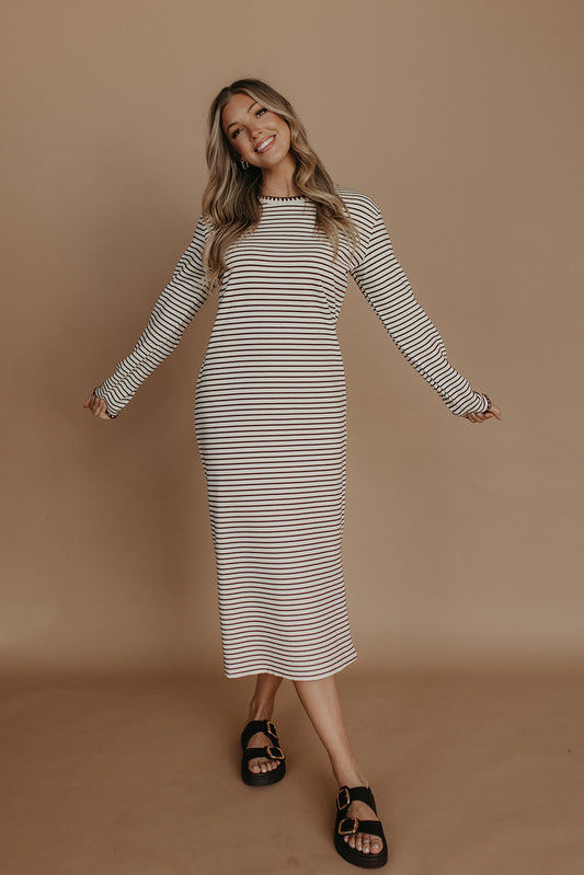 THE CORALEE STRIPED STITCH KNIT DRESS IN CREAM