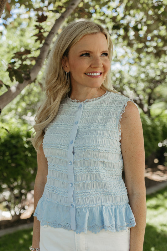 THE VIENNA FLOWER LACE TRIM TANK IN BLUE