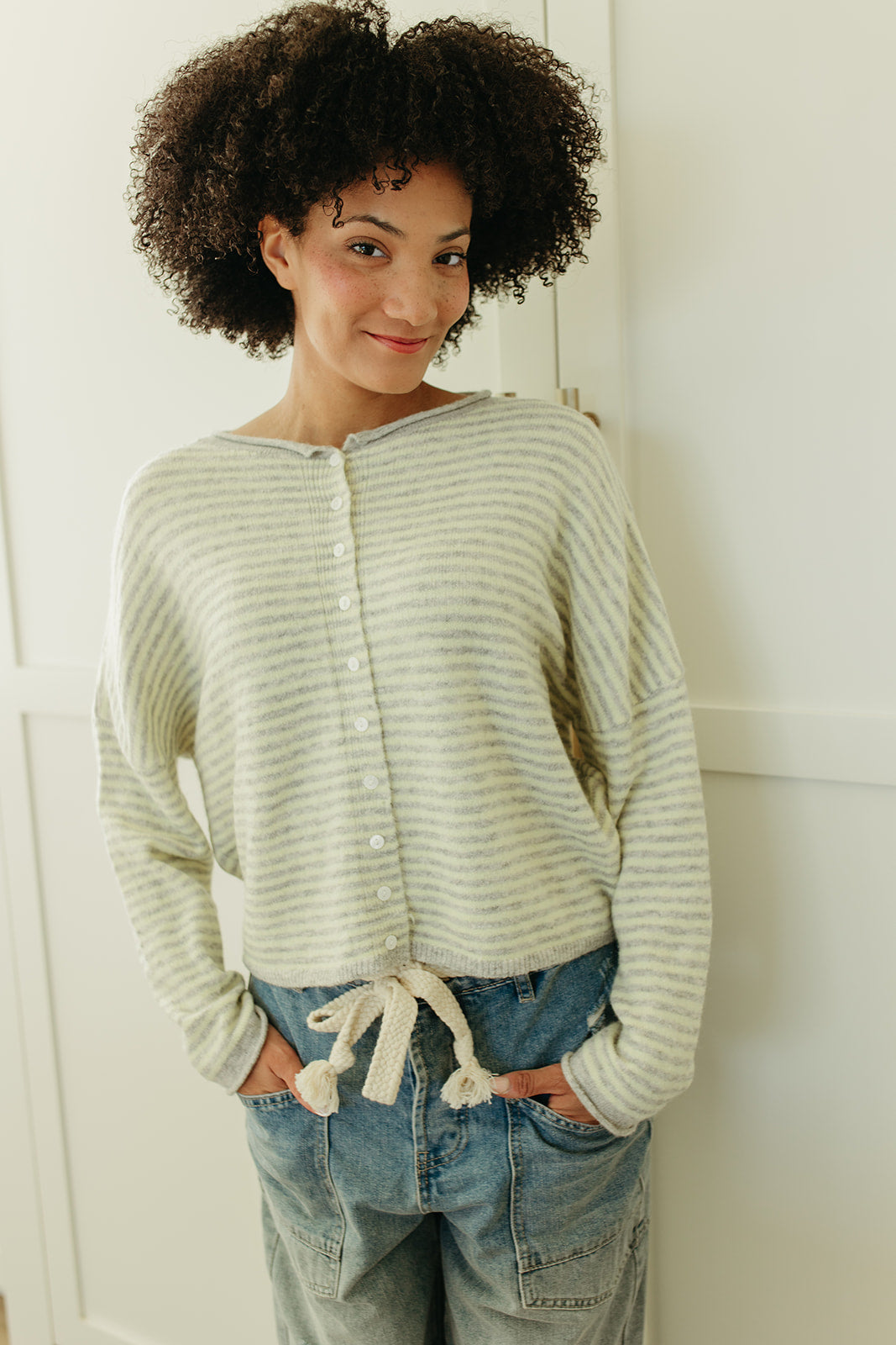 THE MATTI BUTTON DOWN CARDIGAN IN YELLOW STRIPE