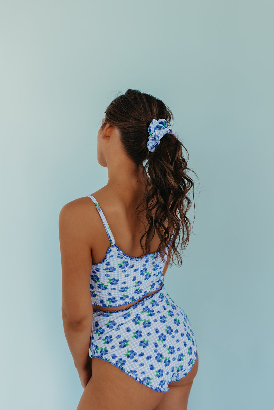 RUFFLE SWIM TOP IN BLUEBERRY GINGHAM BY PINK DESERT