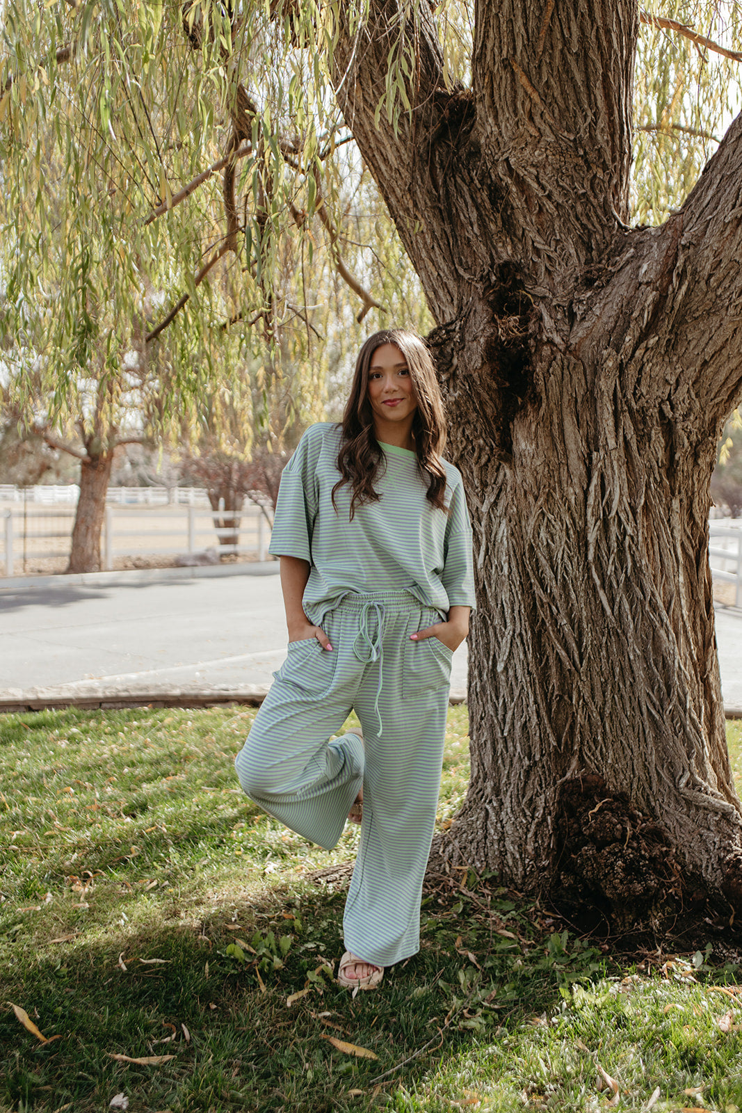 THE CHARITY STRIPED SET IN MINT & LILAC