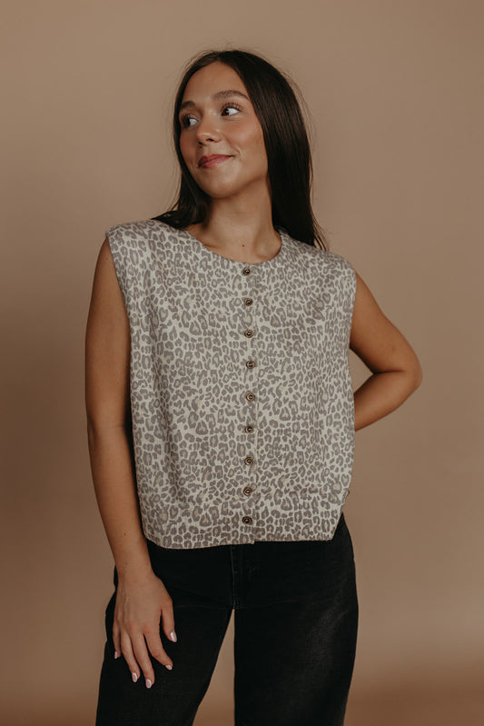 THE MANDY VINTAGE LEOPARD VEST TOP IN GRAY