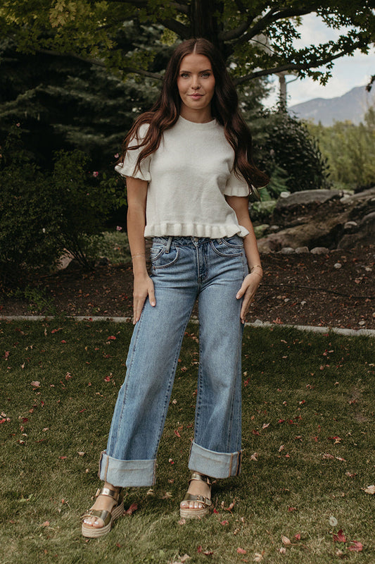 The Cameron Ruffle Knit Tee in Ivory, photo 2 of 4