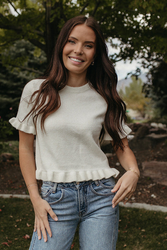 The Cameron Ruffle Knit Tee in Ivory, photo 1 of 4