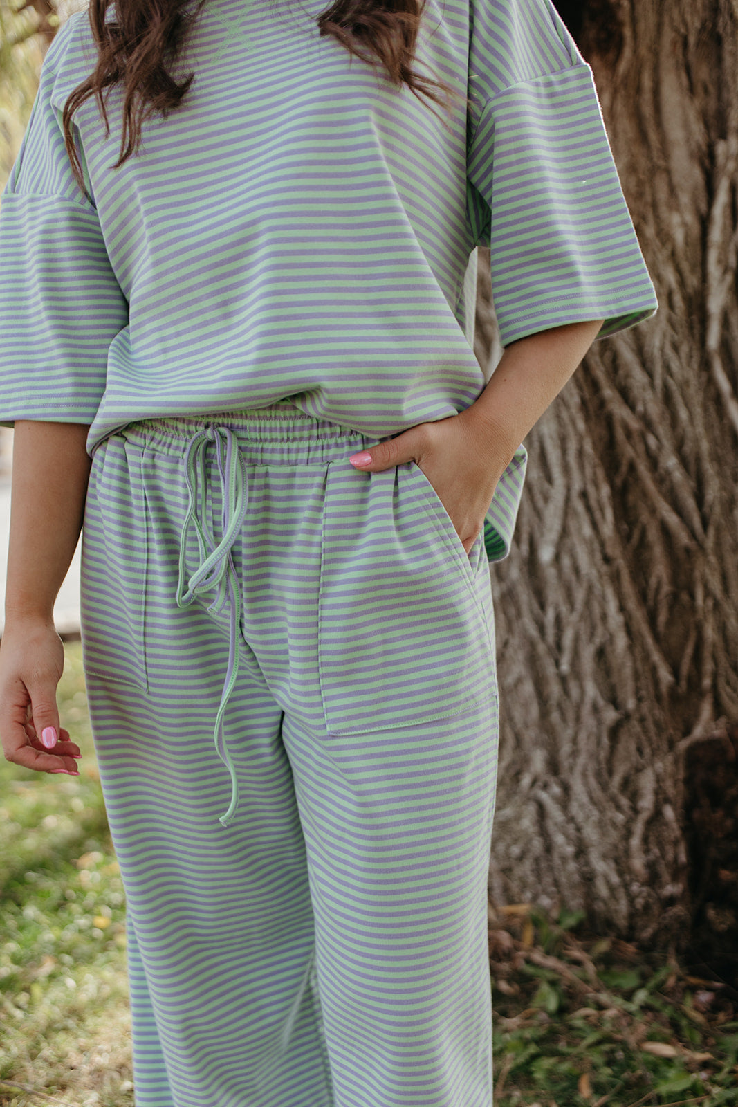 THE CHARITY STRIPED SET IN MINT & LILAC