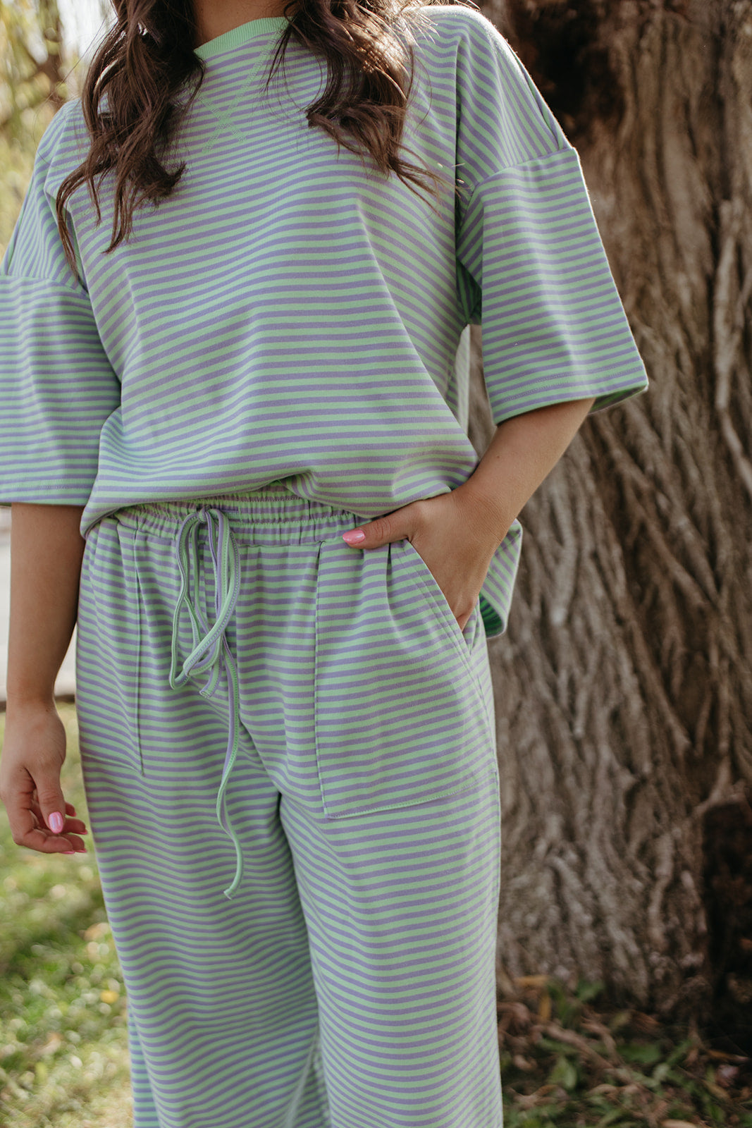 THE CHARITY STRIPED SET IN MINT & LILAC