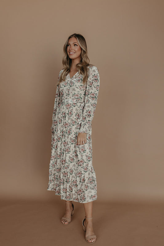 THE MARYANN FLORAL VELVET DRESS IN CREAM