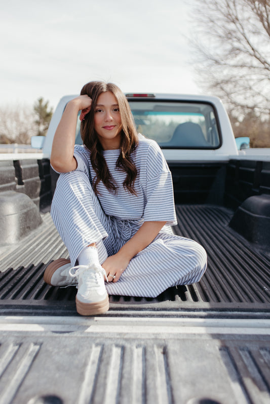 THE CHARITY STRIPED SET IN HEATHER GREY AND WHITE