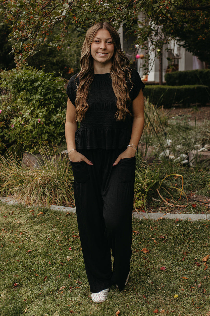 THE AZALEA RELAXED SMOCKED KNIT SET IN BLACK