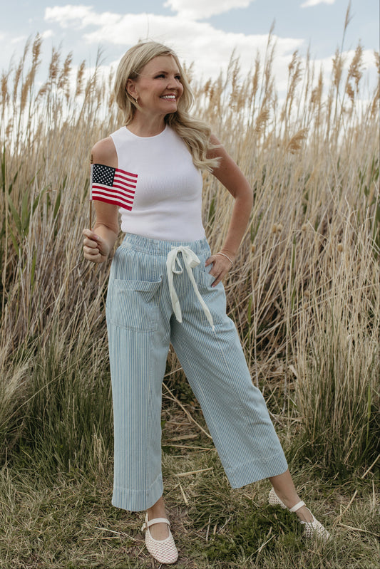 THE TATUM STRIPED CROPPED WIDE LEG PANTS IN LIGHT BLUE