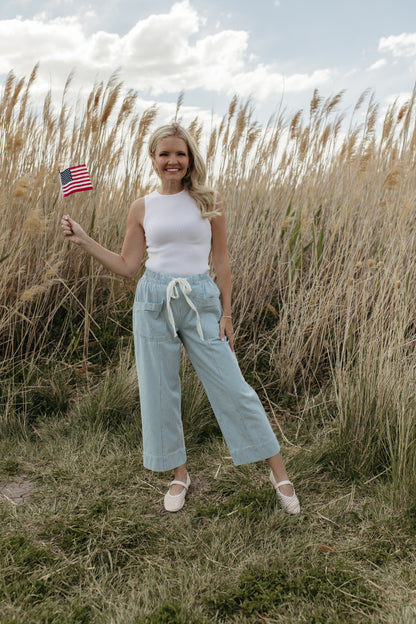 THE TATUM STRIPED CROPPED WIDE LEG PANTS IN LIGHT BLUE