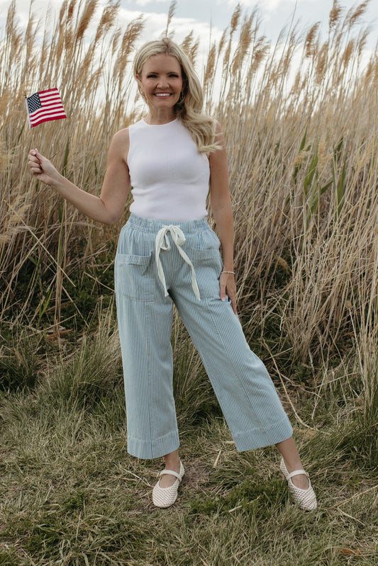 THE TATUM STRIPED CROPPED WIDE LEG PANTS IN LIGHT BLUE